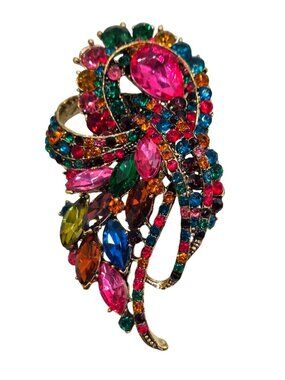 Multi Color Rhinestone Brooch With Gold-Tone Metal Leaf Scroll Design